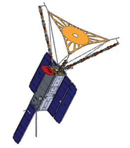 Grafika przedstawiająca satelitę FalconSAT-7 po rozłożeniu membrany teleskopu (Źródło: USAF)