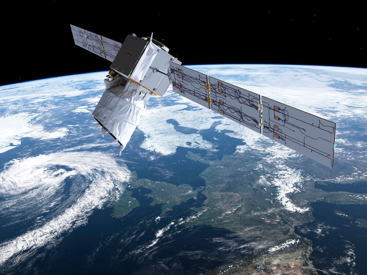 Wizualizacja przedstawiająca satelitę Aeolus (Źródło: ESA)