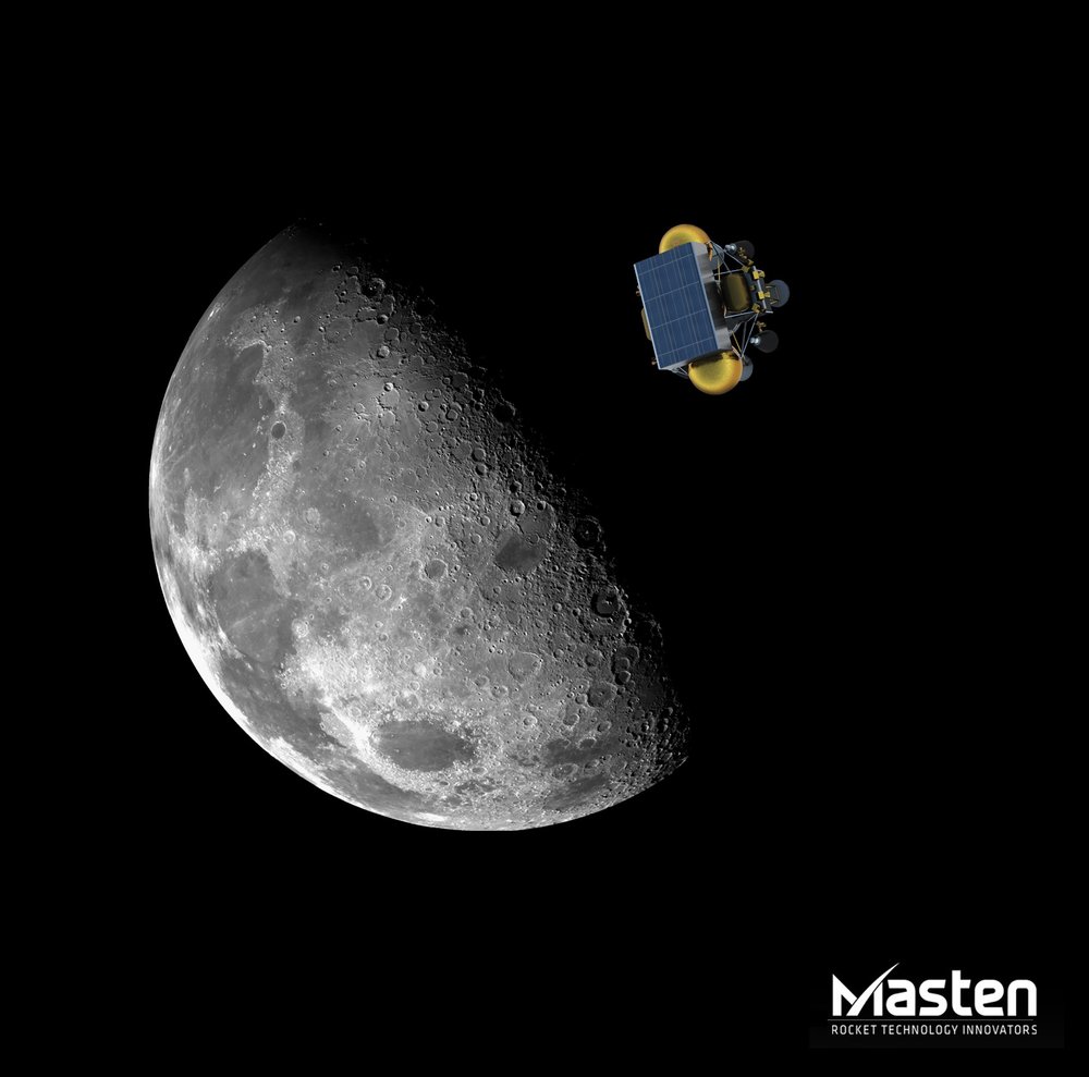 Lądownik Masten XL-1 podczas lotu na Księżyc, wizja artysty (Źródło: Masten Space Systems)