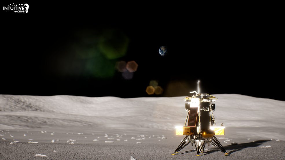 Wizualizacja przedstawiająca lądownik Nova-C firmy Intuitive Machines na powierzchni Księżyca (Źródło: Intuitive Machines)